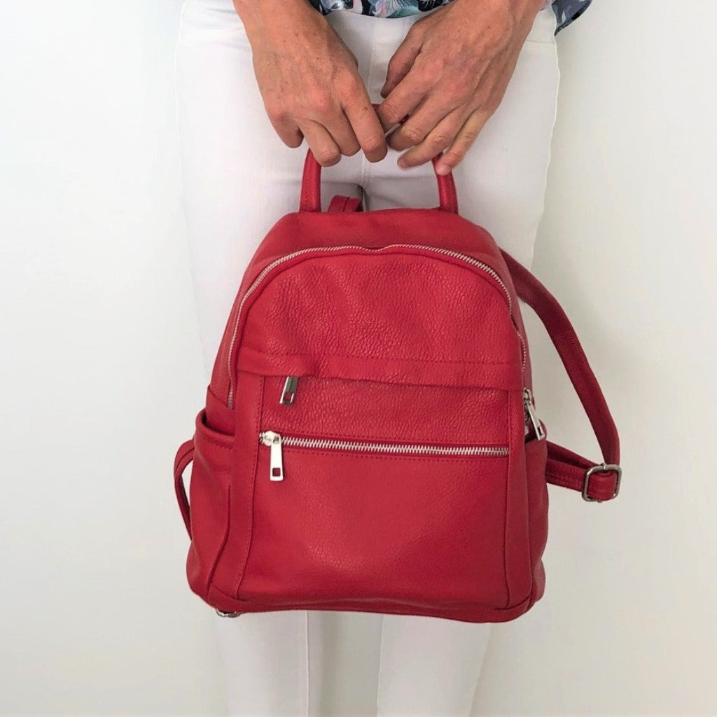 Red leather outlet rucksack