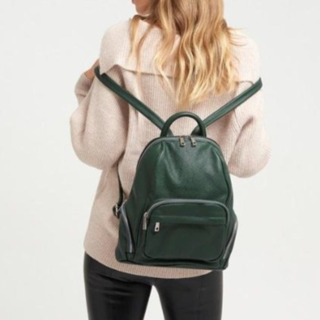 Green leather backpack on sale purse